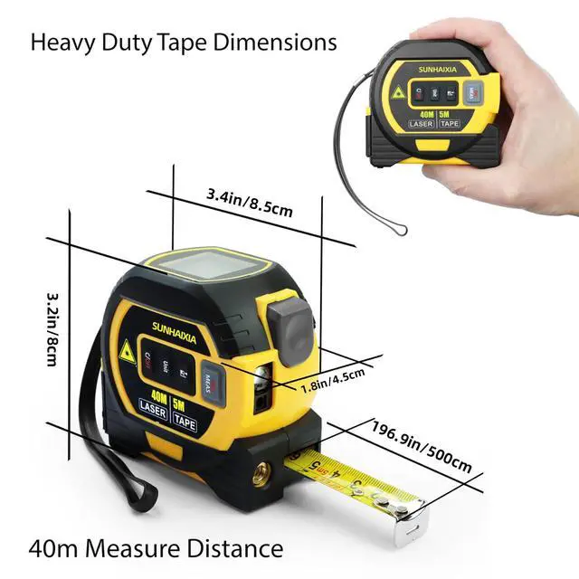 Alt view image 2 of 7 - Laser Tape Measure 3-in-1 with Large LCD Display | Digital Laser Measurement Tool in/ft/m Scales up to 131ft/40M with calculations | Tape Measure 16ft/5M and Cross Line Laser Yellow