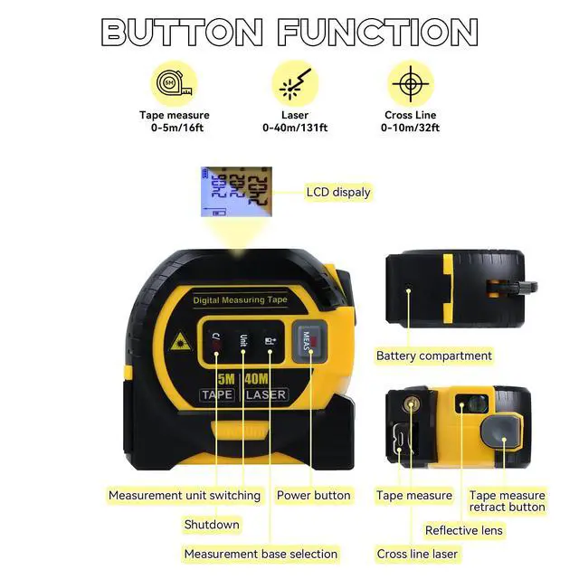 Alt view image 3 of 7 - 3 in 1 Digital Laser Tape Measure | Laser Level Crosshairs | 130ft/40m Laser Distance + 16ft/5m AutoLock Tape | Backlit LCD Display (Ft/Inch/M/mm & Fractions)