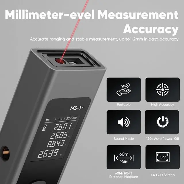 Alt view image 2 of 7 - 2-in-1 Laser Measure & Line Laser 196 FT - Distance Meter with Cross-Line, Laser Level with 3 Lasers Heads, Type-C Rechargeable- Area/Volume/Pythagorean for Construction, Tiling, 1.4" Black LCD