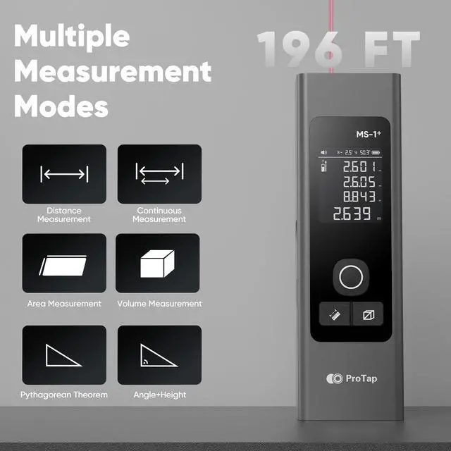 Alt view image 3 of 7 - 2-in-1 Laser Measure & Line Laser 196 FT - Distance Meter with Cross-Line, Laser Level with 3 Lasers Heads, Type-C Rechargeable- Area/Volume/Pythagorean for Construction, Tiling, 1.4" Black LCD