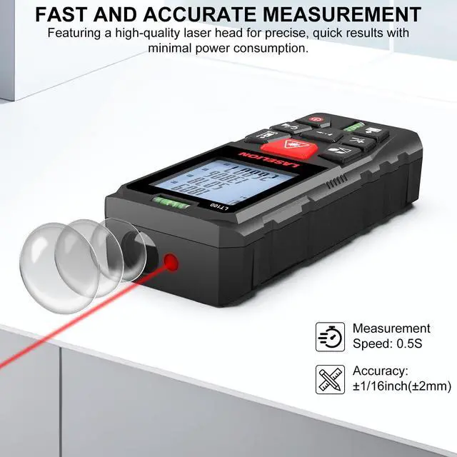 Alt view image 4 of 7 - LT100 Laser Measure, 328ft/100m Laser Measurement Tool, with 2 Bubble Levels, Measuring Tool 4 Units ConversionLCD Backlit Display, IP54 Waterproof, Pythagorean Mode for Distance, Area, Volume