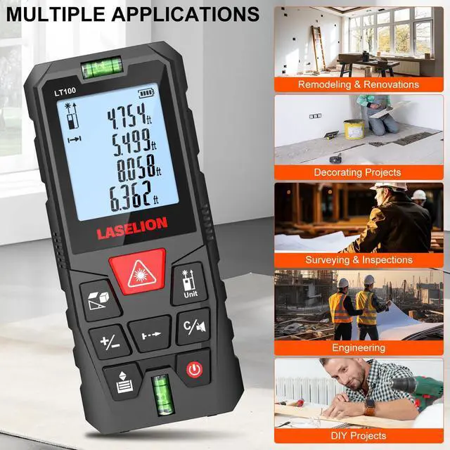 Alt view image 6 of 7 - LT100 Laser Measure, 328ft/100m Laser Measurement Tool, with 2 Bubble Levels, Measuring Tool 4 Units ConversionLCD Backlit Display, IP54 Waterproof, Pythagorean Mode for Distance, Area, Volume