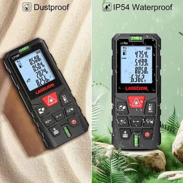Alt view image 7 of 7 - LT100 Laser Measure, 328ft/100m Laser Measurement Tool, with 2 Bubble Levels, Measuring Tool 4 Units ConversionLCD Backlit Display, IP54 Waterproof, Pythagorean Mode for Distance, Area, Volume