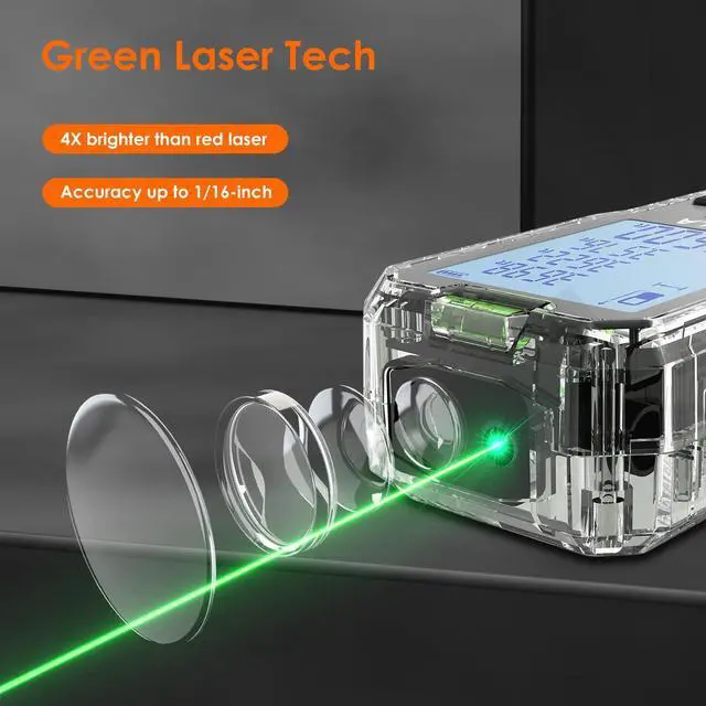 Alt view image 2 of 7 - Laser Distance Measuring Tool, 50M/165ft Laser Measure, ±2mm Accuracy Laser Distance Meters with Backlit LCD, Measuring Distance, Area, Volume, Pythagorean Mode for Indoor/Outdoor Use(Green Laser)