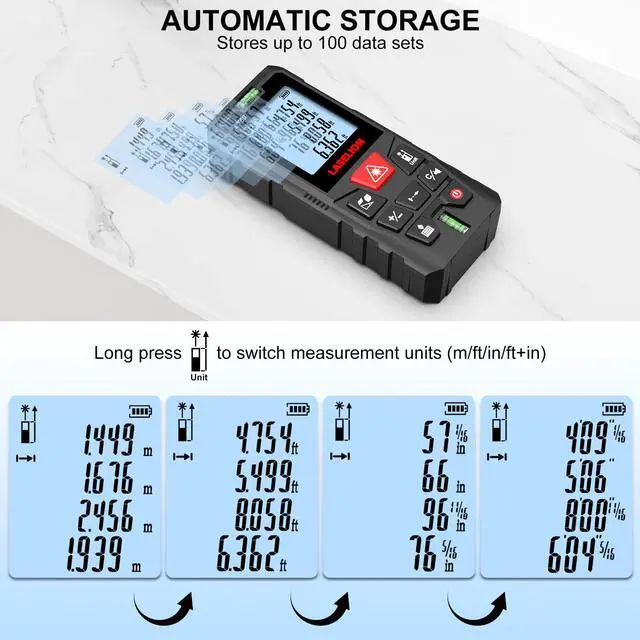Alt view image 5 of 7 - LT50 Laser Measure, 165ft/50m Laser Measurement Tool, with 2 Bubble Levels, Measuring Tool 4 Units ConversionLCD Backlit Display, IP54 Waterproof, Pythagorean Mode for Distance, Area, Volume