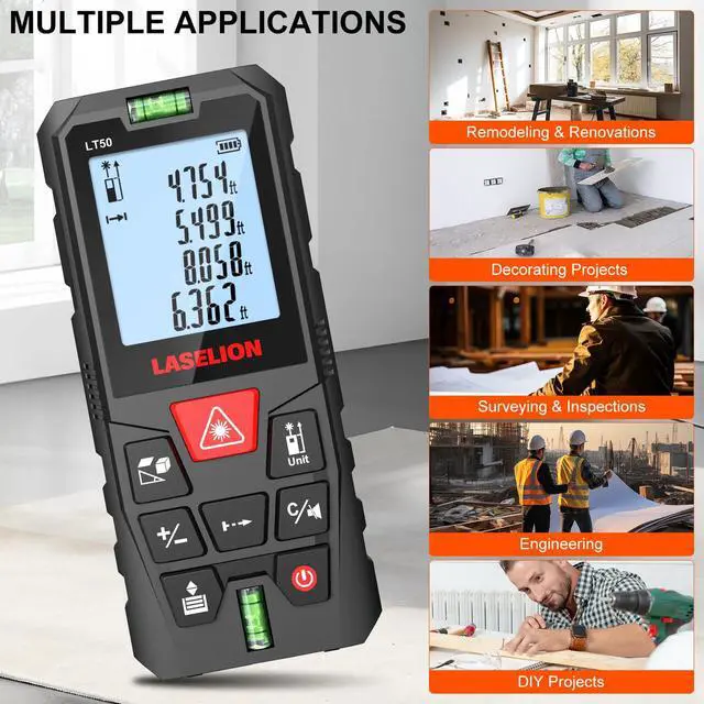 Alt view image 6 of 7 - LT50 Laser Measure, 165ft/50m Laser Measurement Tool, with 2 Bubble Levels, Measuring Tool 4 Units ConversionLCD Backlit Display, IP54 Waterproof, Pythagorean Mode for Distance, Area, Volume