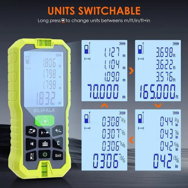 Alt view image 6 of 7 - Laser Distance Measuring Tool, 50M/165ft Laser Measure, ±2mm Accuracy Laser Distance Meters with Backlit LCD, Measuring Distance, Area, Volume, Pythagorean Mode for Indoor/Outdoor Use(Green Laser)