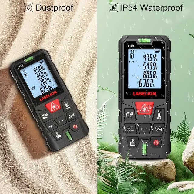 Alt view image 7 of 7 - LT50 Laser Measure, 165ft/50m Laser Measurement Tool, with 2 Bubble Levels, Measuring Tool 4 Units ConversionLCD Backlit Display, IP54 Waterproof, Pythagorean Mode for Distance, Area, Volume