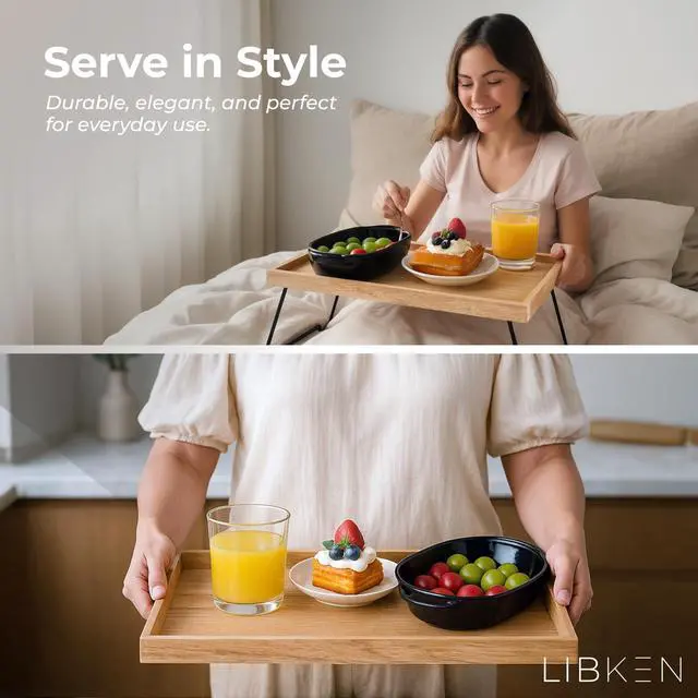 Alt view image 2 of 7 - Rubberwood Serving Tray with Foldable Legs Minimal Scandinavian Design Bed Tray Table Elegant Wooden Breakfast in Bed Tray, Food Serving Tray for Eating, Snacks, Reading & Laptop Use