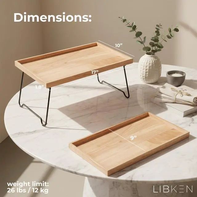 Alt view image 3 of 7 - Rubberwood Serving Tray with Foldable Legs Minimal Scandinavian Design Bed Tray Table Elegant Wooden Breakfast in Bed Tray, Food Serving Tray for Eating, Snacks, Reading & Laptop Use