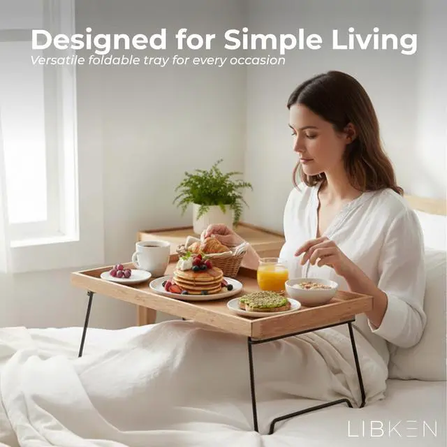 Alt view image 4 of 7 - Rubberwood Serving Tray with Foldable Legs Minimal Scandinavian Design Bed Tray Table Elegant Wooden Breakfast in Bed Tray, Food Serving Tray for Eating, Snacks, Reading & Laptop Use