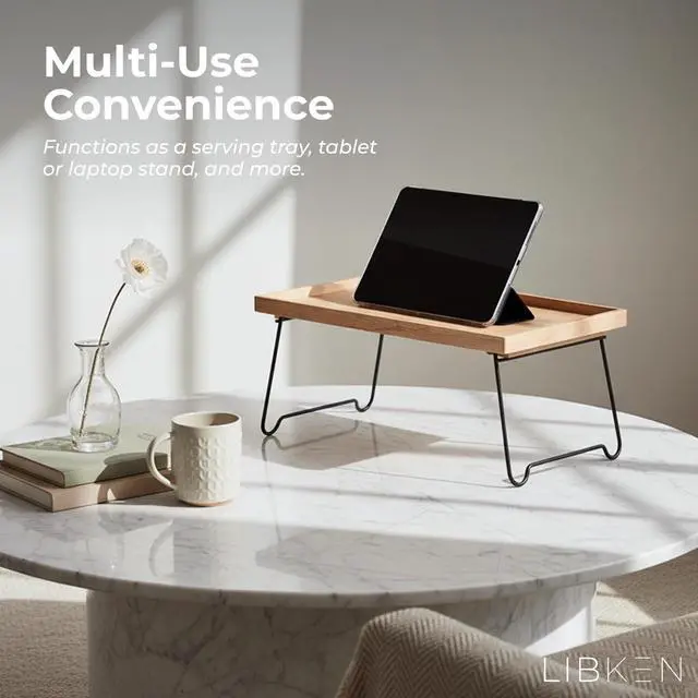 Alt view image 5 of 7 - Rubberwood Serving Tray with Foldable Legs Minimal Scandinavian Design Bed Tray Table Elegant Wooden Breakfast in Bed Tray, Food Serving Tray for Eating, Snacks, Reading & Laptop Use