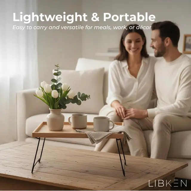 Alt view image 6 of 7 - Rubberwood Serving Tray with Foldable Legs Minimal Scandinavian Design Bed Tray Table Elegant Wooden Breakfast in Bed Tray, Food Serving Tray for Eating, Snacks, Reading & Laptop Use