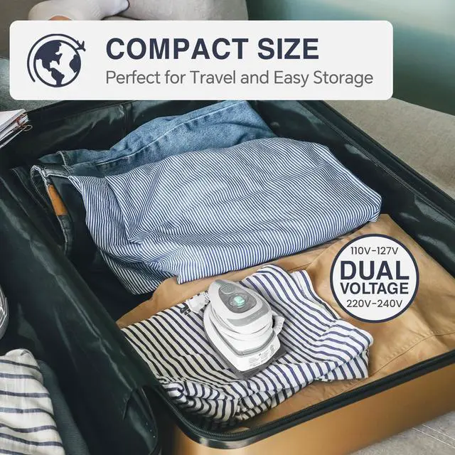 Alt view image 3 of 7 - Mini Travel Steam Iron for Clothes with Dual Voltage, Temperature Control, Non-Stick Soleplate and Cord Storage, Ideal for Sewing, Quilting and Handcraft