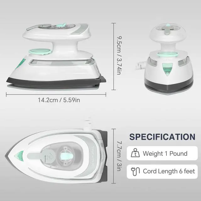 Alt view image 7 of 7 - Mini Travel Steam Iron for Clothes with Dual Voltage, Temperature Control, Non-Stick Soleplate and Cord Storage, Ideal for Sewing, Quilting and Handcraft