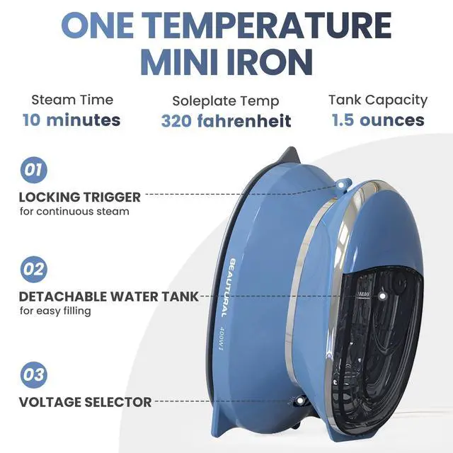 Alt view image 2 of 7 - Mini Travel Steam Iron for Clothes with Dual Voltage, Non-Stick Soleplate, One Temperature Technology, Detachable Water Tank, Ideal for Sewing, Quilting and Handcraft