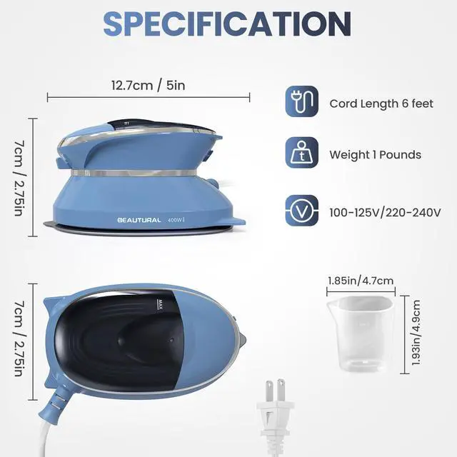 Alt view image 7 of 7 - Mini Travel Steam Iron for Clothes with Dual Voltage, Non-Stick Soleplate, One Temperature Technology, Detachable Water Tank, Ideal for Sewing, Quilting and Handcraft