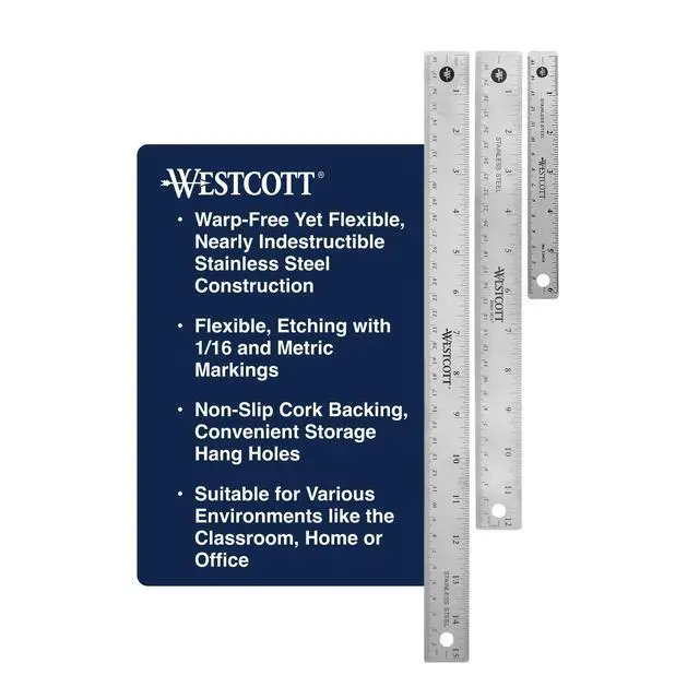 Alt view image 2 of 5 - Stainless Steel Ruler Set with Flexible Design, Non-Slip Cork Base, for Crafting, Office, Classroom, Back to School Supplies, Includes 6-, 12-, & 15-inch Rulers, 3 Pack