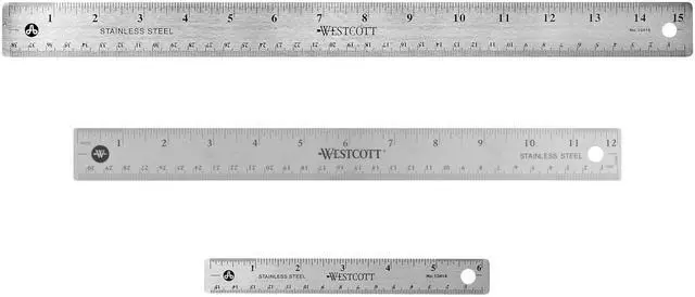 Main image of Stainless Steel Ruler Set with Flexible Design, Non-Slip Cork Base, for Crafting, Office, Classroom, Back to School Supplies, Includes 6-, 12-, & 15-inch Rulers, 3 Pack