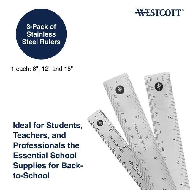 Alt view image 3 of 5 - Stainless Steel Ruler Set with Flexible Design, Non-Slip Cork Base, for Crafting, Office, Classroom, Back to School Supplies, Includes 6-, 12-, & 15-inch Rulers, 3 Pack