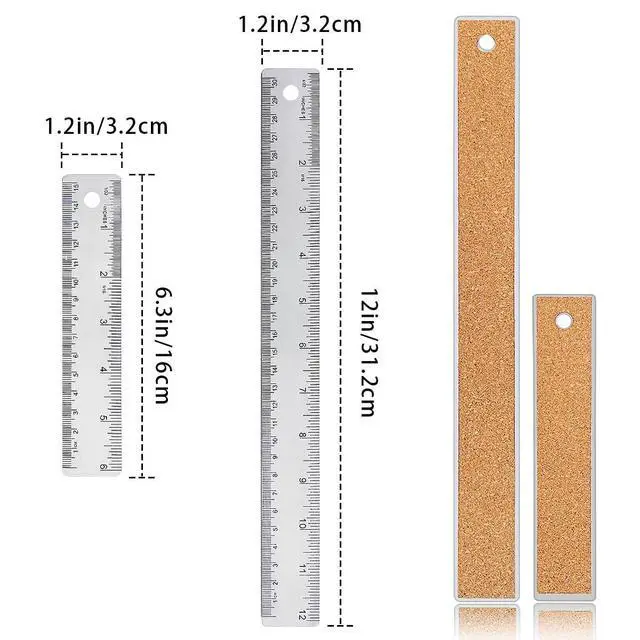 Alt view image 4 of 7 - Metal Ruler 6 Inch 12 Inch Stainless Steel Metal Ruler with Cork Backing, Non-Slip Rulers with Inch and Centimeters, Straight Edge Cork Base Rulers for Student School Office Drafting Tools