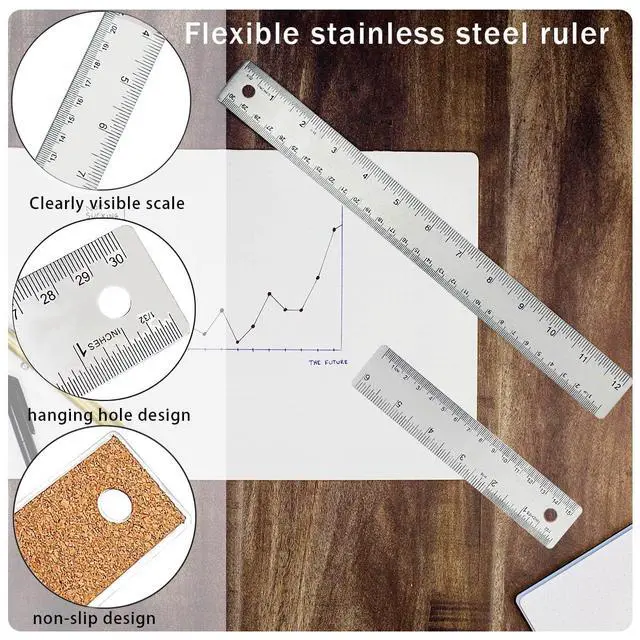 Alt view image 3 of 7 - Metal Ruler 6 Inch 12 Inch Stainless Steel Metal Ruler with Cork Backing, Non-Slip Rulers with Inch and Centimeters, Straight Edge Cork Base Rulers for Student School Office Drafting Tools