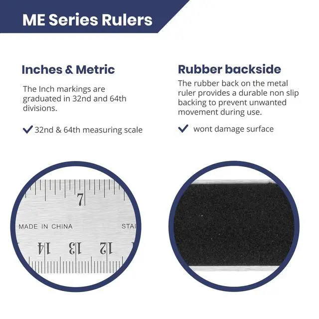 Alt view image 3 of 5 - Stainless Steel 6 Inch Metal Ruler Non-Slip Rubber Back, with Inch and Metric Graduations