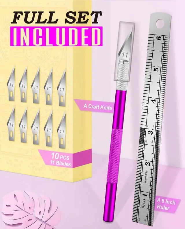 Alt view image 2 of 7 - Craft Hobby Knife Set with 10 Extra #11 Blades, 6-Inch Metal Ruler | Exacto Knife for Crafting, Precision Cutting for Polymer Clay, Paper, Vinyl, Stencils & Models, Artists & Hobbyists, Purple