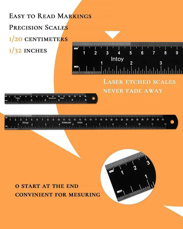 Alt view image 4 of 7 - Metal Ruler 12 Inch and 6 Inch with Metric Scales Millimeter, Centimiter, and Conversion Table, Easy to Read Straight Edge Starts at 0, Stainless Steel Rule for School and Office, 2 Pack