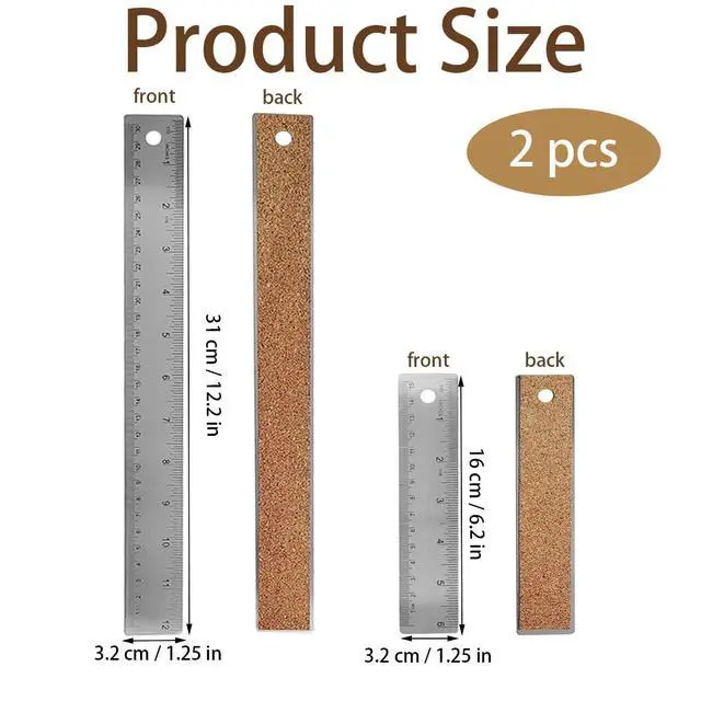 Alt view image 3 of 7 - 6-Inch and 12-Inch Stainless Steel Metal Ruler with Non-Slip Cork Backing - 2 Pack