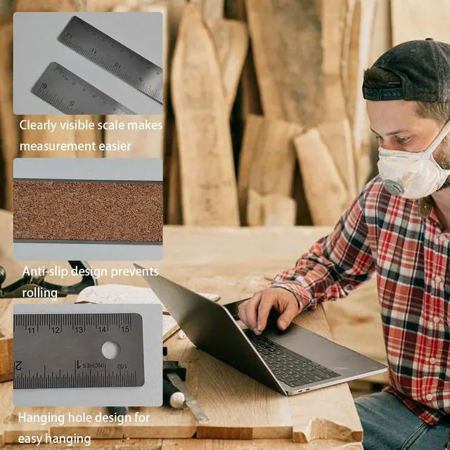 Alt view image 7 of 7 - 6-Inch and 12-Inch Stainless Steel Metal Ruler with Non-Slip Cork Backing - 2 Pack