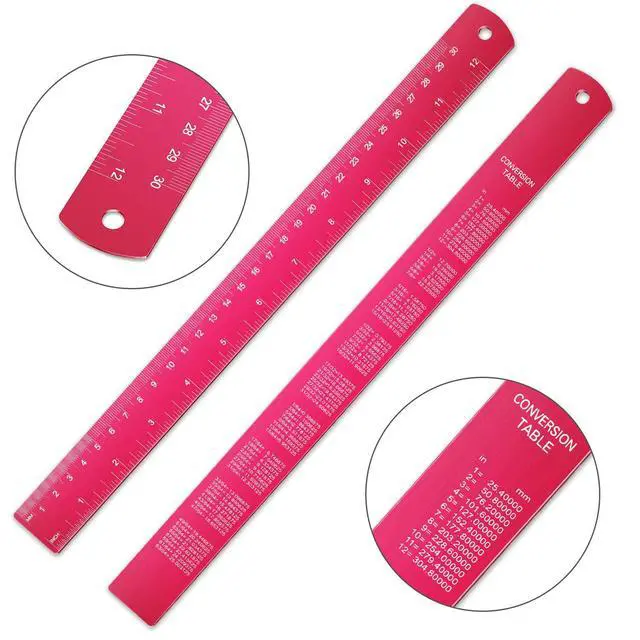 Alt view image 2 of 7 - Stainless Steel Ruler and Metal Rule Kit with Conversion Table (Rose Red, 12 Inch, 6 Inch)