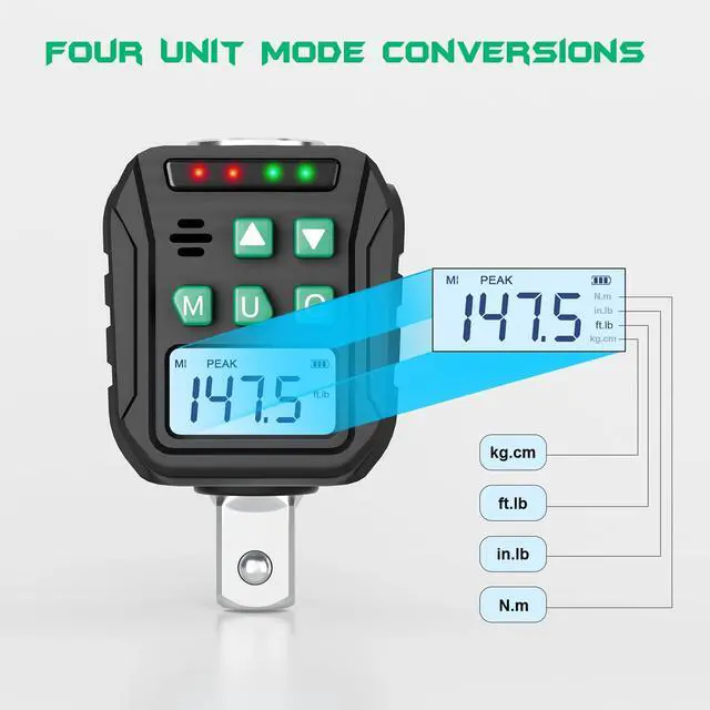 Alt view image 4 of 7 - 1/2-Inch Digital Torque Adapter, 7.38-147.5 Ft.lb/10-200 N.m, Electronic Torque Wrench Converter with ±2% Accuracy, Preset Function, Data Storage, 3/8 & 1/4 Adapter for Bike, Moto, Car