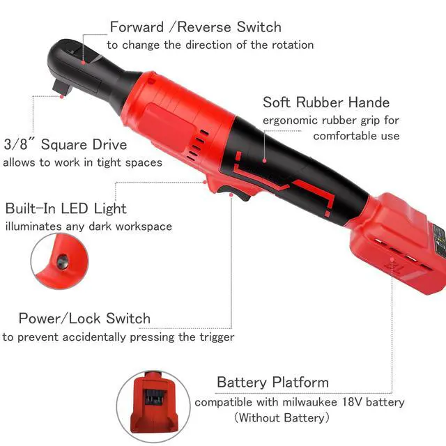 Alt view image 2 of 6 - Cordless Ratchet Wrench 3/8" Compatible for Mil-waukee 18V Battery,500RPM Brushless Electric Ratchet Wrench,75 Ft-lbs Power Wrench Ratchet,7 Sockets, 1/4" Adapter, 3" Extension BarTool only