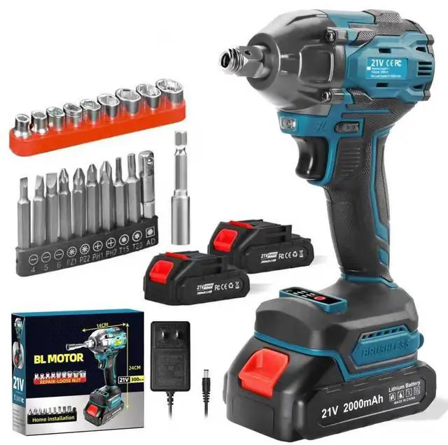 Main image of Cordless Impact Wrench, 21V Torque Power Impact Driver, 1/2" Power Impact Wrenches with 2 * 2.0Ah Batteries with 19 Accessories, Electric Impact Motor Variable Speeds for home installation (Blue)
