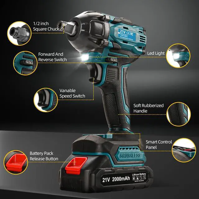 Alt view image 2 of 7 - Cordless Impact Wrench, 21V Torque Power Impact Driver, 1/2" Power Impact Wrenches with 2 * 2.0Ah Batteries with 19 Accessories, Electric Impact Motor Variable Speeds for home installation (Blue)