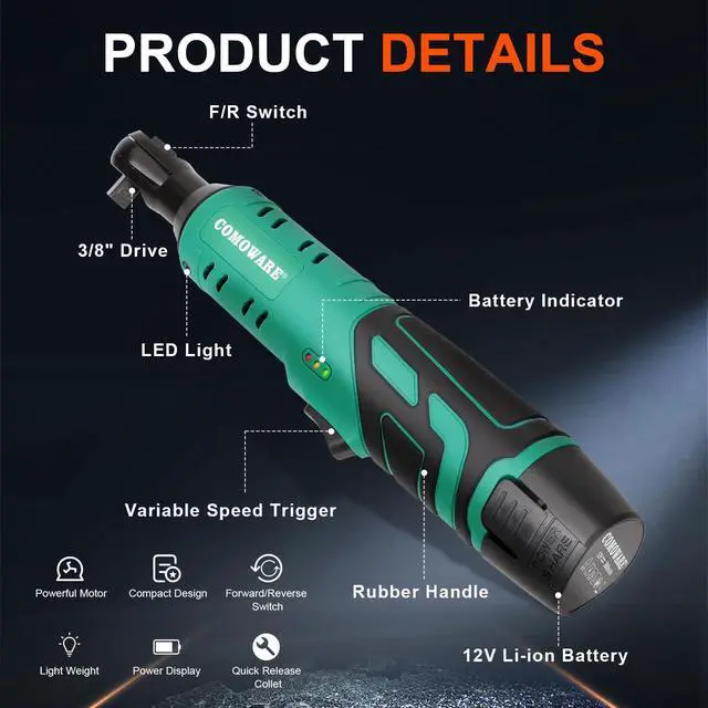 Alt view image 7 of 7 - 3/8 Cordless Electric Ratchet Wrench Kit, 40ft-lbs Torque, 12V Power, 8 Sockets, LED Light, Fast Charger, Ergonomic Design