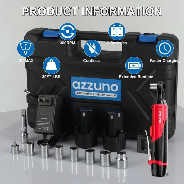 Alt view image 6 of 7 - Cordless Electric Ratchet Wrench 3/8 Drive, 30 Ft-lbs Torque & 300 RPM, Power Ratchet Wrench Set With Variable Speed, LED Light, 2 Packs 2.0Ah Battery, Fast Charger, 7 Sockets