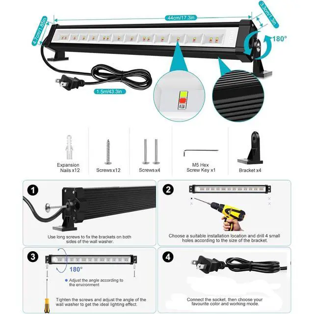 Alt view image 7 of 7 - RGB Wall Washer Light, 42W RGBCW Smart APP Waterproof LED Strip Lights Bar, Dimmable for Church Wedding Birthday Party Outdoor Stage Lighting Christmas Decoration