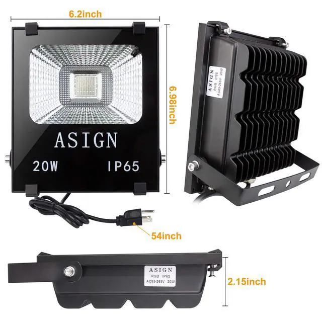 Alt view image 6 of 7 - 20W RGB LED Flood Lights, Indoor Outdoor Decoration Light Waterproof Color Changing LED Security Light with Remote Control, Dimmable Wall Washer Lights with US 3-Plug