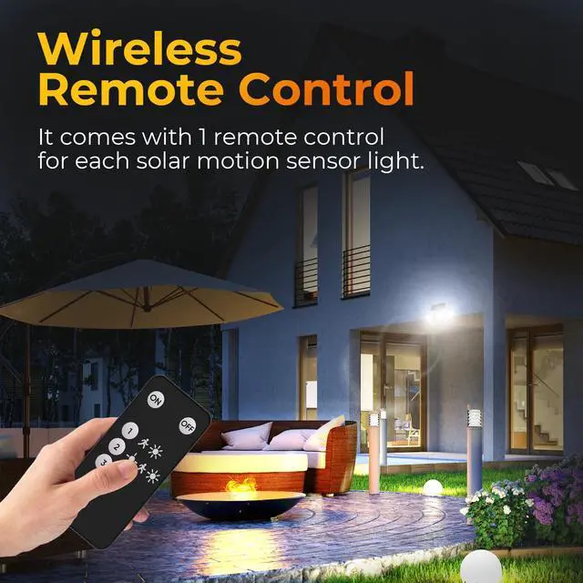 Alt view image 6 of 7 - Solar Motion Sensor Outdoor Lights, 3 Modes LED Security Flood Light with Remote Control, IP65 Waterproof Solar Powered Outside Wall Light for Garden Patio Garage Yard (Black, 2 Pack)