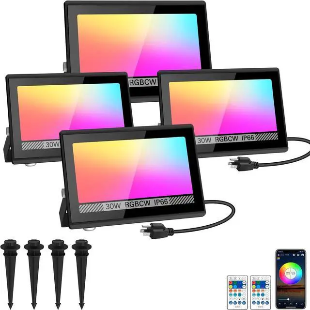 Main image of Christmas LED Flood Light, 30W RGBCW Dimmable Outdoor Smart Lights, Color Changing LED Light with Remote & APP Control Waterproof Up Lights, Music Sync Stage Spot Light for House, Party (4 Pack)