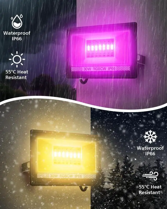 Alt view image 7 of 7 - Christmas LED Flood Light, 30W RGBCW Dimmable Outdoor Smart Lights, Color Changing LED Light with Remote & APP Control Waterproof Up Lights, Music Sync Stage Spot Light for House, Party (4 Pack)