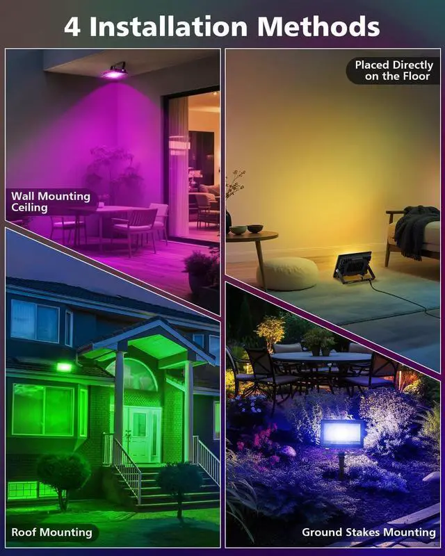 Alt view image 6 of 7 - Christmas LED Flood Light, 30W RGBCW Dimmable Outdoor Smart Lights, Color Changing LED Light with Remote & APP Control Waterproof Up Lights, Music Sync Stage Spot Light for House, Party (4 Pack)