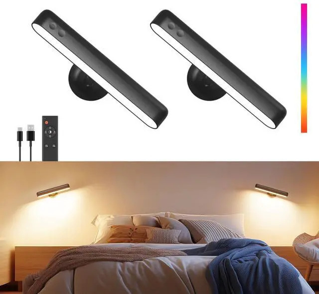 Main image of Rechargeable 7500mAh Battery Operated Wall Sconces for Bedroom,LED Wall Lights with Remote Control and Touch,360° Rotation,3 Colors Temperatures Dimmable Black Wall Lamps with 15 RGB Colors,2 Pack