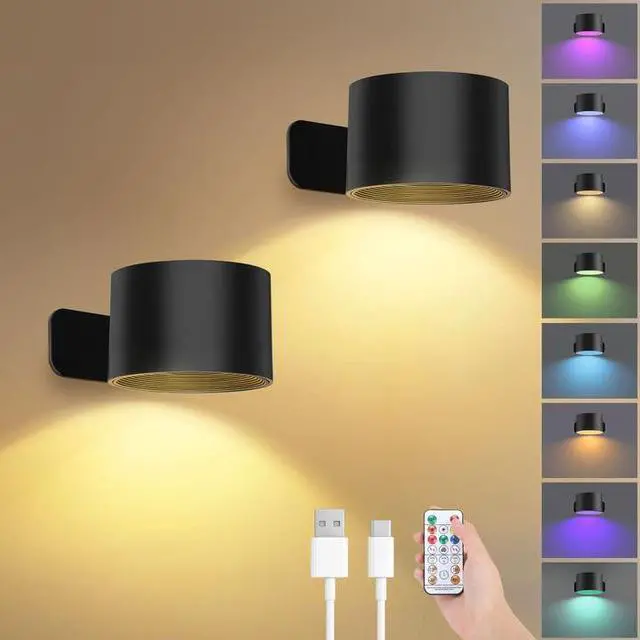Main image of Rechargeable Wall Lights with Remote, 5000mAh Battery Operated Wall Sconce Set of 2, 19 Colors Dimmable Wall Mount Light, 360° Rotation Cordless Wall Lamps for Bedroom Bedside Hallway, Black
