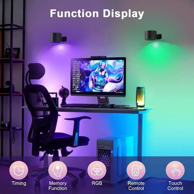 Alt view image 2 of 7 - Rechargeable Wall Lights with Remote, 5000mAh Battery Operated Wall Sconce Set of 2, 19 Colors Dimmable Wall Mount Light, 360° Rotation Cordless Wall Lamps for Bedroom Bedside Hallway, Black