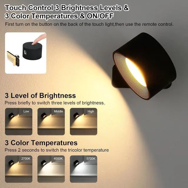Alt view image 3 of 7 - Rechargeable Wall Lights with Remote, 5000mAh Battery Operated Wall Sconce Set of 2, 19 Colors Dimmable Wall Mount Light, 360° Rotation Cordless Wall Lamps for Bedroom Bedside Hallway, Black