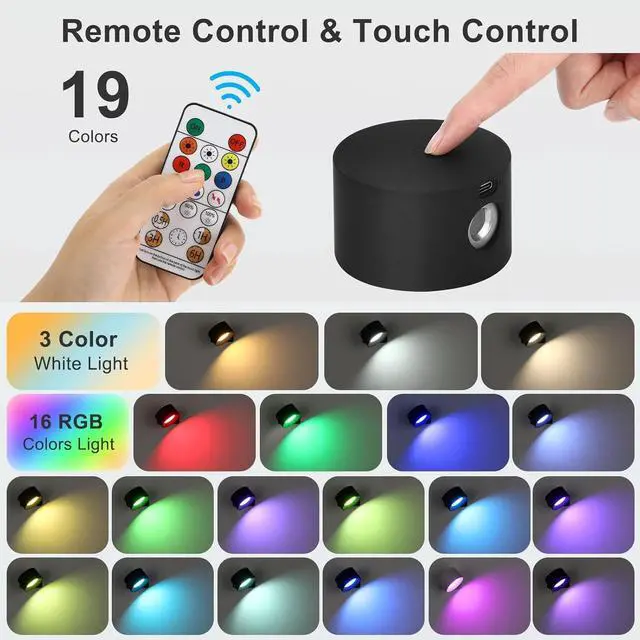 Alt view image 4 of 7 - Rechargeable Wall Lights with Remote, 5000mAh Battery Operated Wall Sconce Set of 2, 19 Colors Dimmable Wall Mount Light, 360° Rotation Cordless Wall Lamps for Bedroom Bedside Hallway, Black