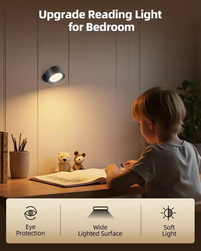 Alt view image 3 of 7 - LED Wall Mounted Lights, Rechargeable Wall Sconces with Remote & Touch Control, 3 Color Temperatures 360° Rotation Dimmable Cordless Wall Light for Bedroom Study Reading Bedside (Black, 3 Pack)